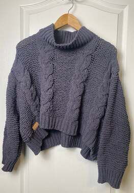 Simply Southern Chunky Cable Knit Sweater Blue Gray Cropped Turtleneck Small